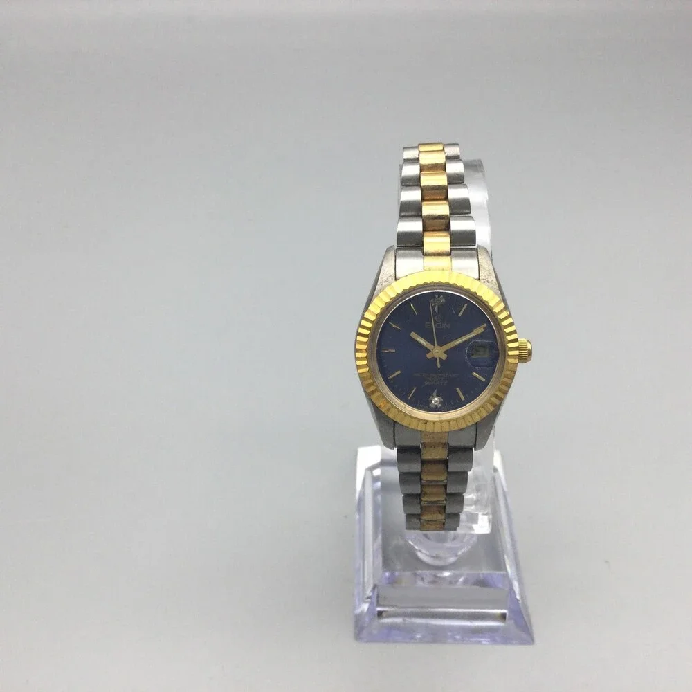 Elgin Womens Watch 25mm Blue Dial Two Tone Date Diamond Fluted New Battery 7